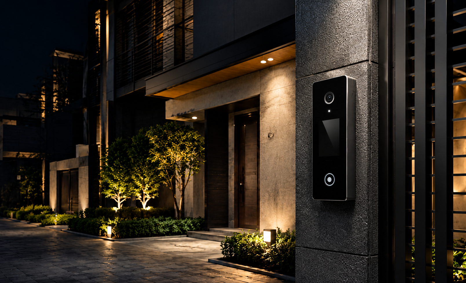Video intercom and smart access reader at a modern entrance