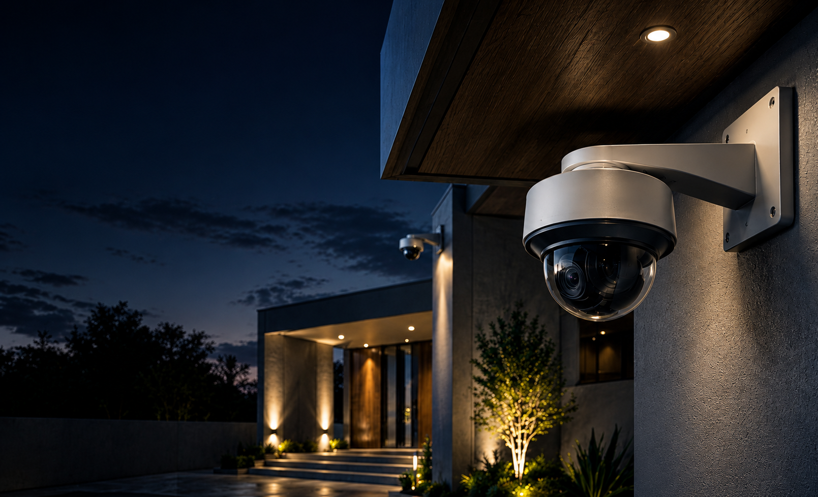 Outdoor security camera protecting a modern property
