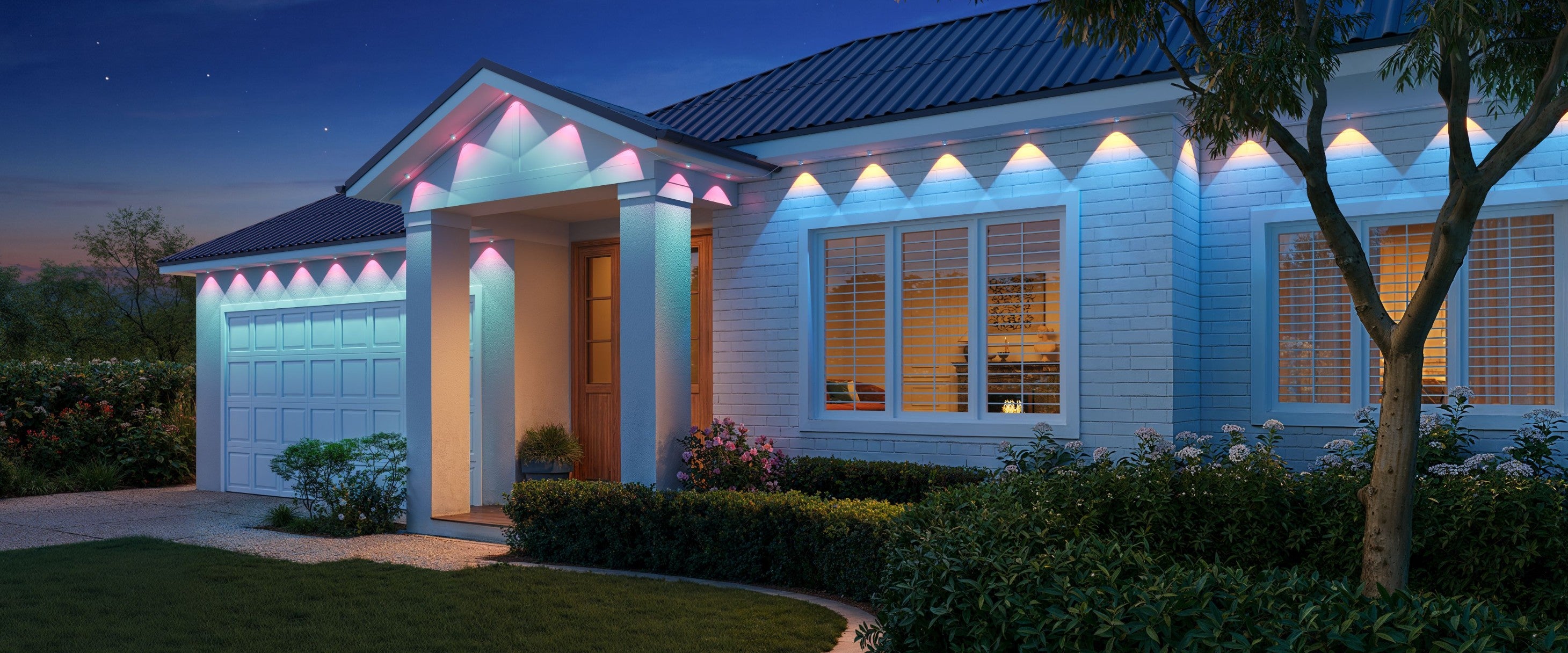 Govee permanent outdoor lighting along a home's roofline