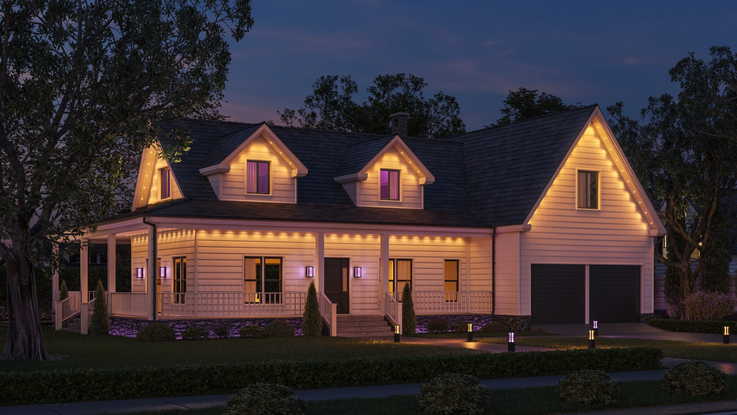 Philips Hue Festavia permanent outdoor lights tracing a home's roofline with warm white light
