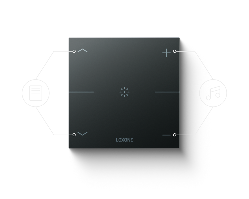 Official Loxone Touch Pure control showing lighting, shading and music touch points